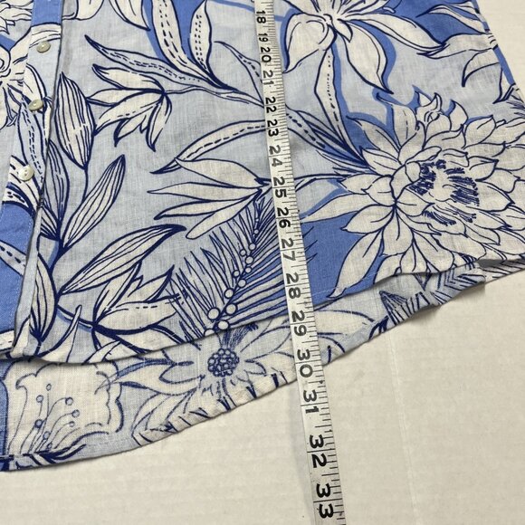 H Halston Top Women 3X Blue Floral Linen Button Down Shirt Beach Resort Vacation - Picture 7 of 8